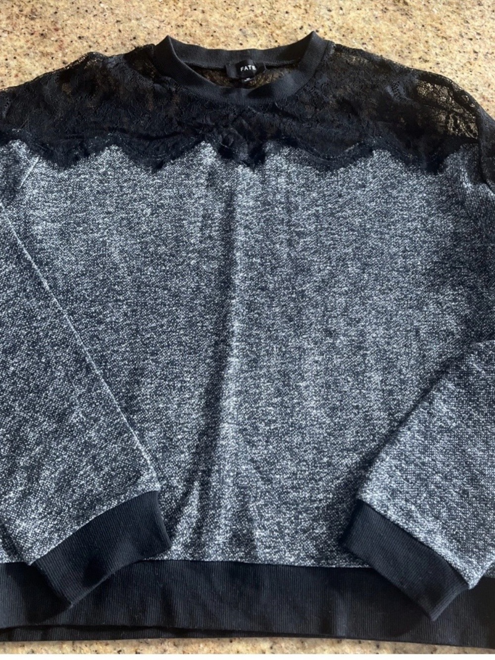 Fate Lace-Yoke Heathered Black Crewneck Top Size M